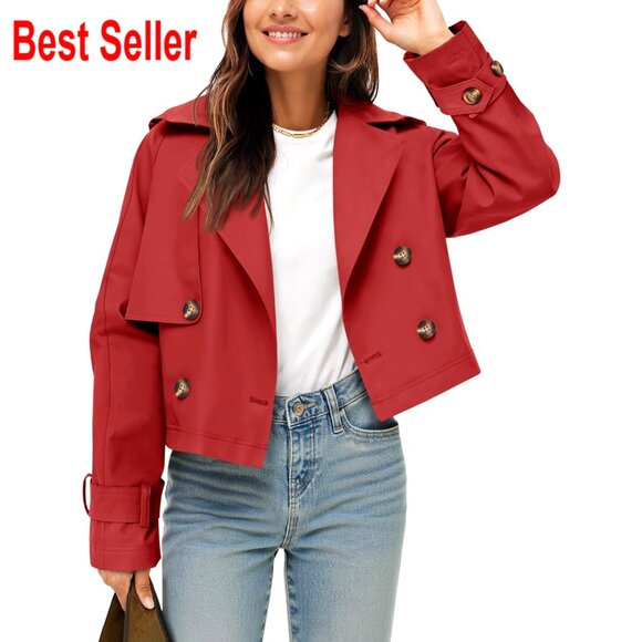 Cropped Trench Coat Double Breasted Lapel Jacket Vintage Casual Lightweight